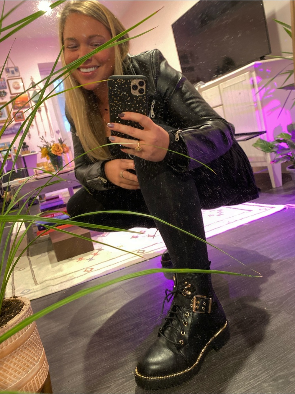 ASOS Black Faux Leather Combat Boots with Gold detail and hardware worn once! 9W